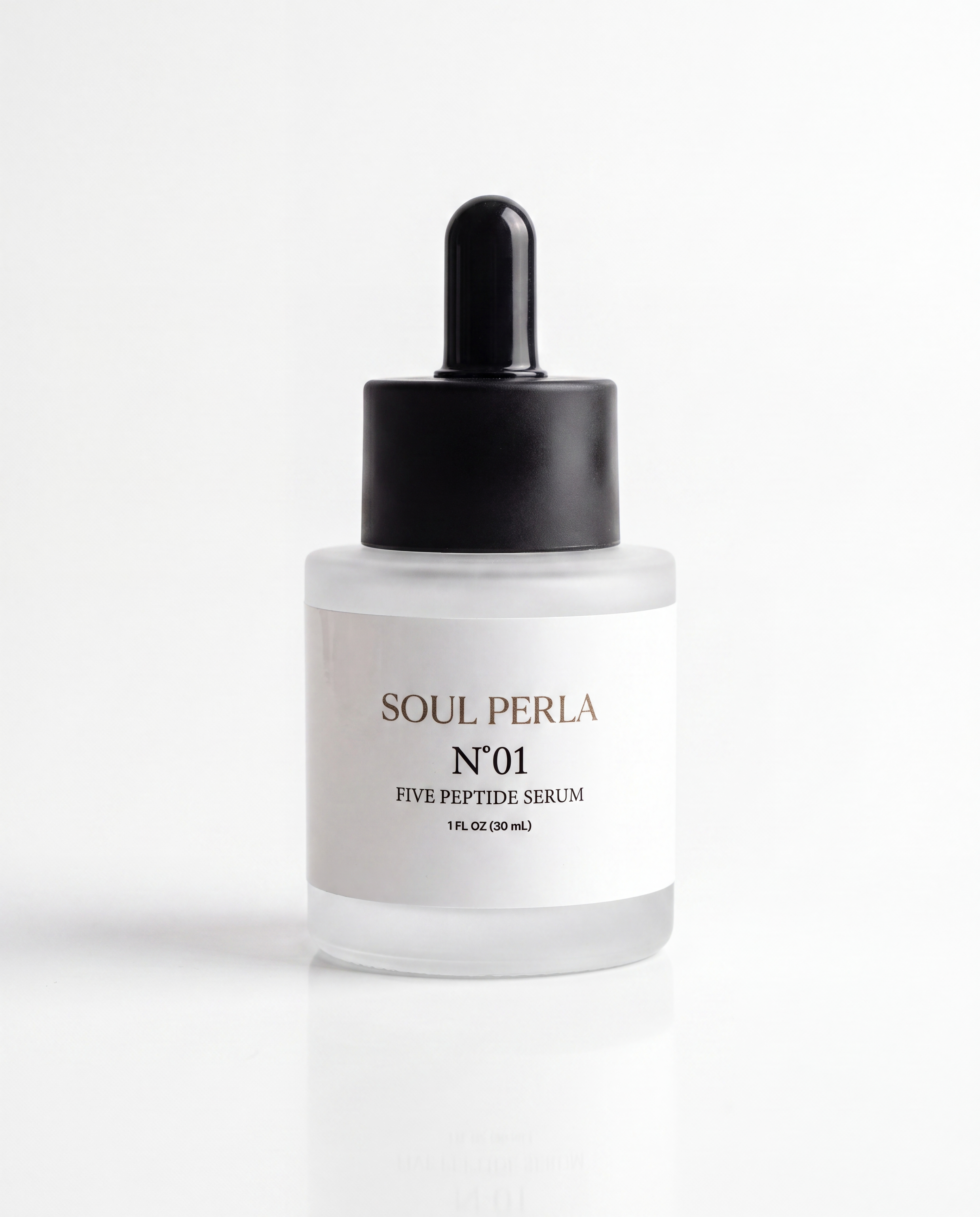 Soul Perla No.01 Five Peptide Serum in a frosted glass dropper bottle with a black cap and white label, set against a clean white background.